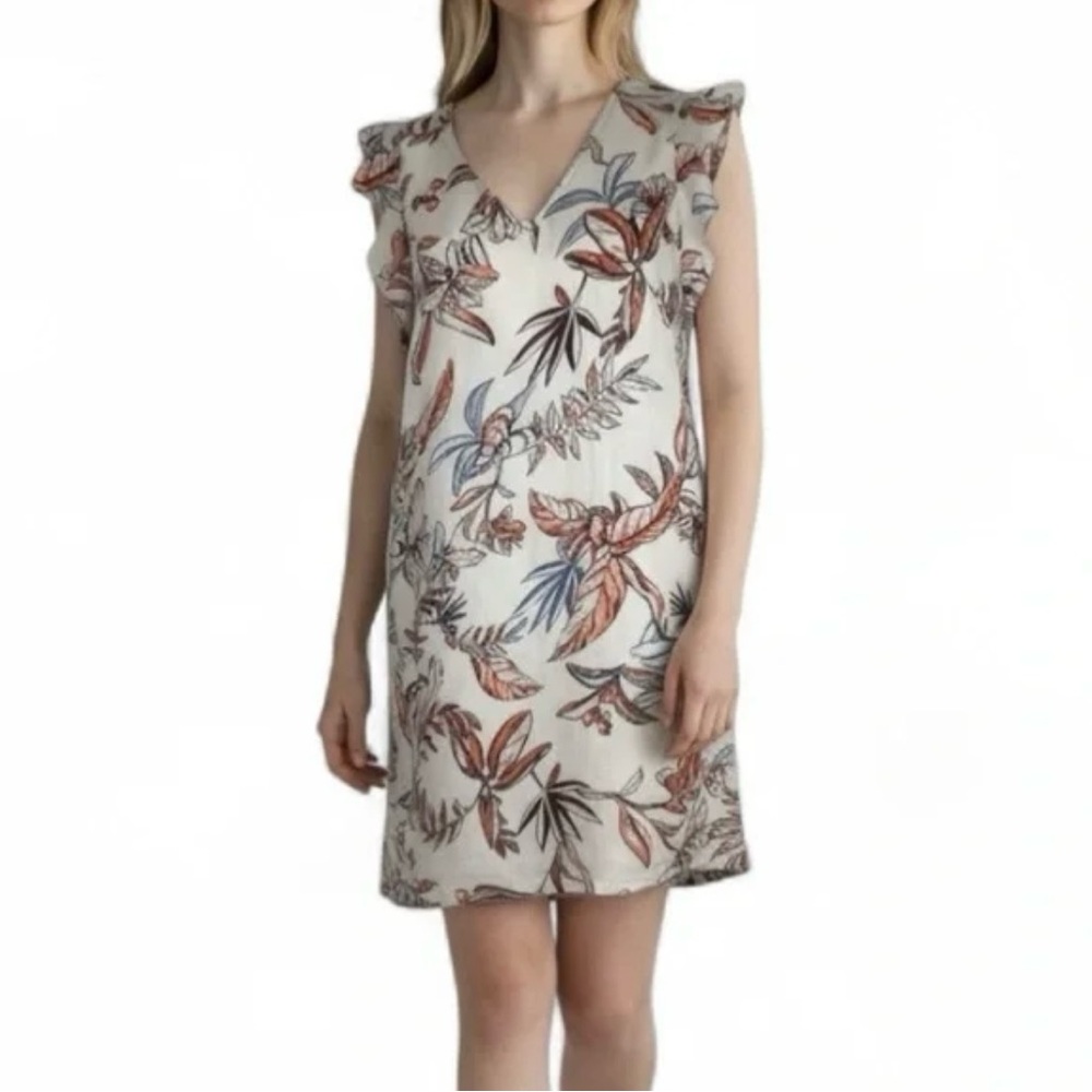 NWT Tahari 100% Linen Flutter Sleeve Tropical Floral Shift Dress - Size L